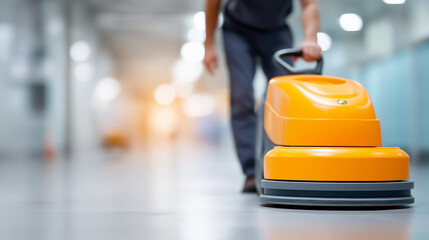Cleaning hard floor with machine in defocused facility setting, faceless janitorial work, floor maintenance visualization, blurred industrial background, cleaning process concept,