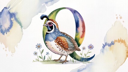 Quail letter Q watercolor illustration