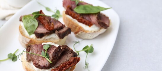 Bruschettas with roast beef, cream cheese, basil and sun-dried tomatoes on light grey table, closeup. Space for text