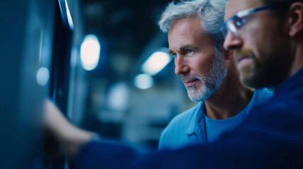 Fototapeta premium Two engineers adjusting CNC machine with defocused factory, faceless maintenance work, industrial visualization detail, blurred production background, machine examination concept,