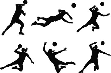 Ball sport silhouettes, throwing motion, jump action, athletic vector, black design, dynamic pose, game energy, dodgeball stance, handball movement