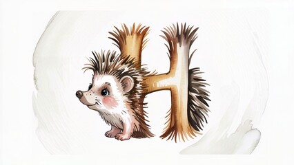 Hedgehog letter H watercolor illustration