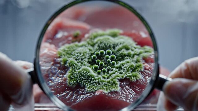 Close up examination of moldy raw meat in plastic container viewed through magnifying glass by