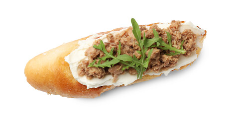 Delicious bruschetta with tuna, cream cheese and arugula isolated on white, top view
