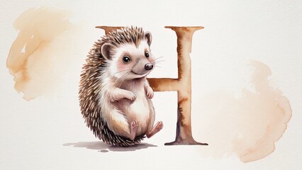 Hedgehog letter H cute watercolor version
