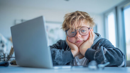 Bored child wearing glasses staring at laptop screen with head in hands, showing frustration or fatigue while doing homework or remote learning at home.