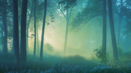 Serene forest with sunlight and mist