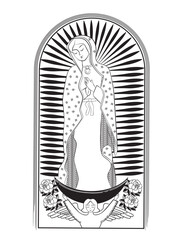 Hand-drawn Virgen de Guadalupe illustration, depicting the sacred figure with traditional elements. Perfect for religious, cultural, or festive projects related to the Mexican saint. High-quality for 