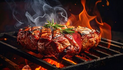 Juicy roast on grill, flames soaring, rosemary garnish, vibrant colors and smoky plumes fill frame, tantalizing treat