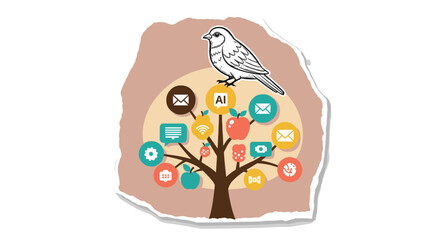 Fototapeta premium A charming illustration depicts a bird on a stylized tree, its branches adorned with diverse digital communication and AI icons, symbolizing modern information and tech links.