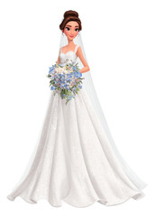 Animated Bride in White Dress and Veil Holding Bouquet - Wedding Elegance