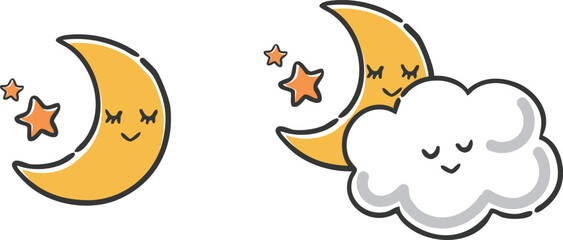 可愛い雲と月（顔付き）　ベクター
