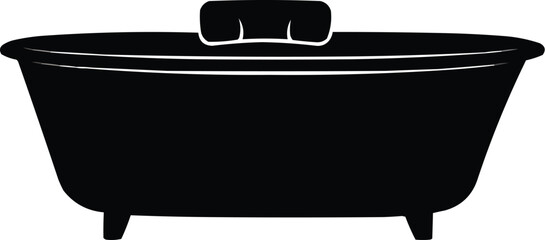 Illustration of a bath pillow on the edge of a freestanding tub, black vector on white