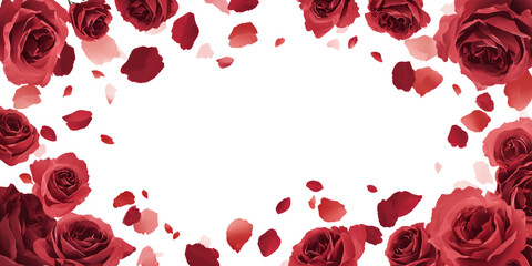 Crimson Roses Frame: Dramatic floral border of red roses and petals against a stark black backdrop.