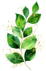 Golden Touch: Watercolor Green Leaves on Black Background