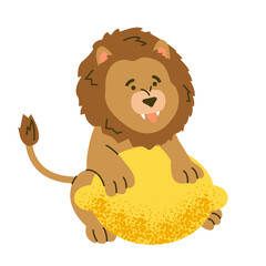 Cute animal illustration for children education. Lion with lemon. Funny design for learning English 
