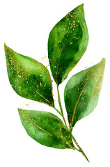 Gilded Greens: Watercolor Leaves with Golden Accents on Black