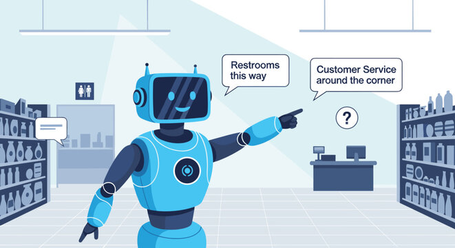 A friendly blue robot provides helpful directions to customers within a modern retail store, showcasing advanced artificial intelligence in customer service.