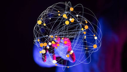 Abstract image representing global network with glowing elements, held in human hand. Concept of...
