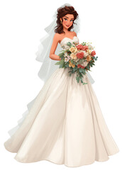 Bridal Bliss: Animated Beauty in a Strapless Wedding Gown and Floral Bouquet