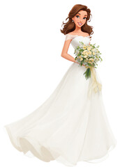 Cartoon Bride: Elegant Beauty in White Wedding Gown Holding Floral Bouquet