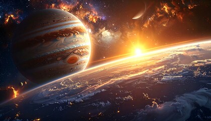 Jupiter looms over Earth in space with a fiery sun setting behind