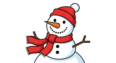 A cartoon snowman wearing a red knit hat and scarf with stick arms on a white background
