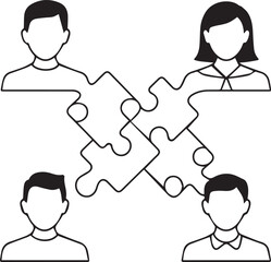 Fototapeta premium Four diverse individuals connecting puzzle pieces symbolizing teamwork collaboration and shared goals in a business or community setting creating unity and synergy