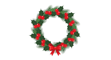 A festive wreath of green leaves red berries and a red bow © rahim