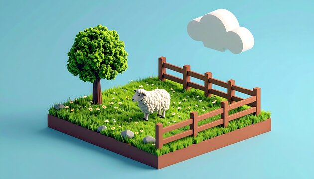 Low-poly sheep on a grassy patch with tree, fence, flowers, cloud, against a plain blue background