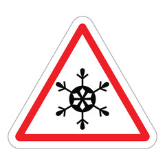 Warning triangle road sign. White background with a thick red border frames a black snowflake icon. Vector symbol for ice, frost, low temperature, or adverse winter road conditions. Flat, minimal desi