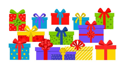 An arrangement of giftwrapped presents in assorted colors and bow styles