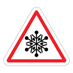 Warning triangle road sign. White background with a thick red border frames a black snowflake icon. Vector symbol for ice, frost, low temperature, or adverse winter road conditions. Flat, minimal desi