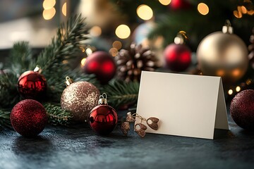A festive table scene with scattered baubles and a neatly folded note.
