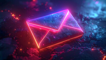 Illuminated envelope, neon outline, rests on a textured, dark surface, surrounded by diffused lights