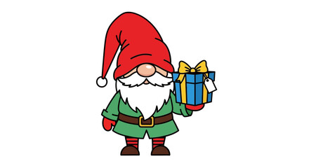 Gnome holds a gift wearing a red hat and green outfit