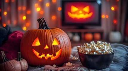 Obraz premium Halloween movie night, pumpkins, popcorn.
