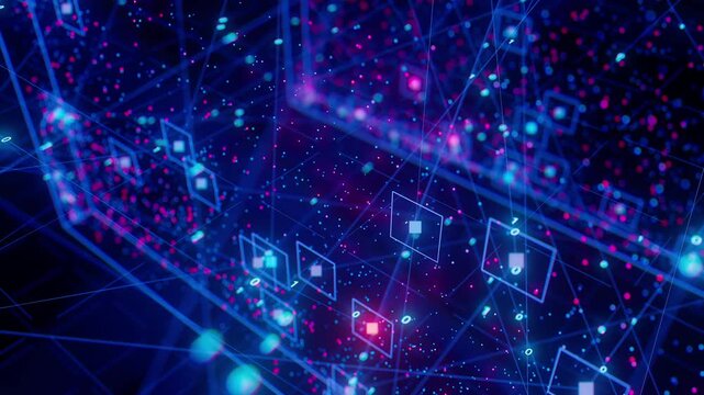 Neural network model, LLM structure animation. AI big data processing technological concept. Machine learning abstract background. Digital quantum computing.