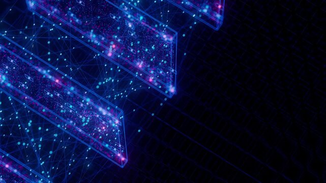 Neural network model, LLM structure animation. AI big data processing technological concept. Machine learning abstract background. Digital quantum computing.