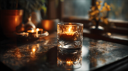 Reflection of candlelight on glass surface creating introspective ambiance 