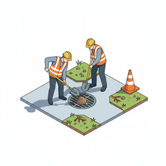 Isometric Construction Workers Cleaning Drain