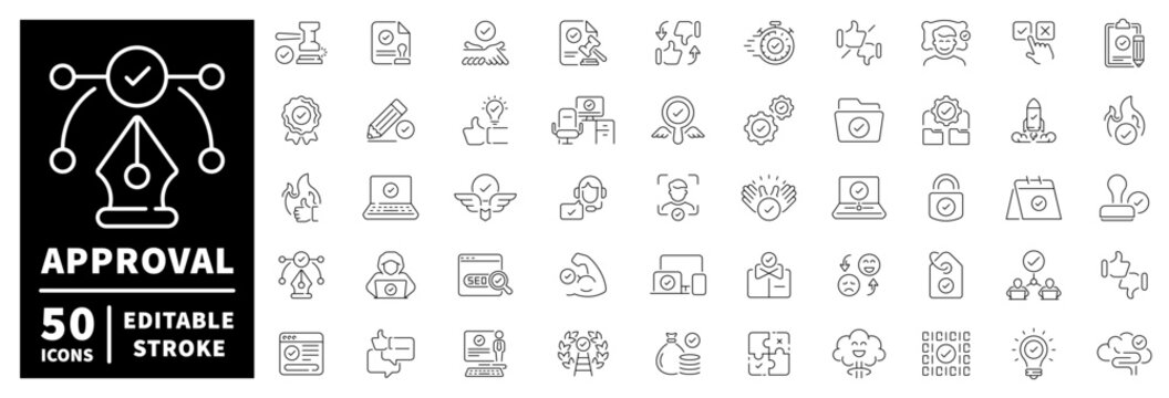 Approval icons set. editable line icons, linear, approval and checkmark symbols