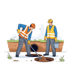 Flat Clean Vector of Drainage Maintenance Workers