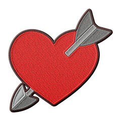 Cartoon heart with arrow embroidery patch illustration isolated on transparent background