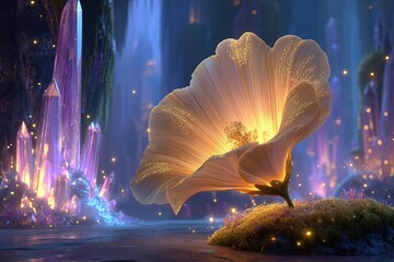 Glowing Golden Flower In Crystalline Fantasy Landscape