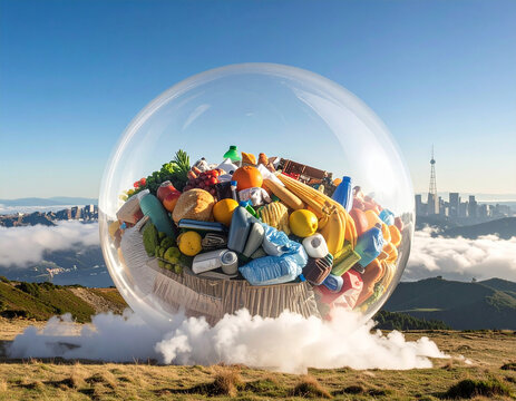 A massive, inflated bubble of generic consumer goods gently bursts, releasing only a puff of empty smoke.