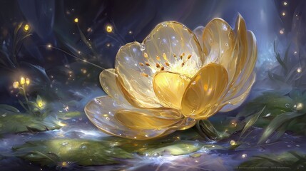 Glowing Golden Flower In Dark Nature