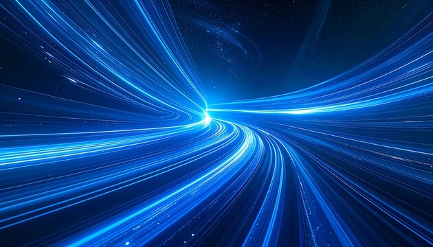 Luminous blue streaks curve and converge against a dark, starry backdrop, evoking speed and motion