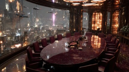 Futuristic Conference Room With City View At Night
