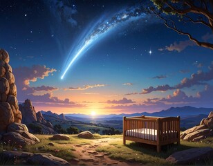 A dreamy scene of a cradle under a star-strewn sky with a striking comet and sunset over distant hills